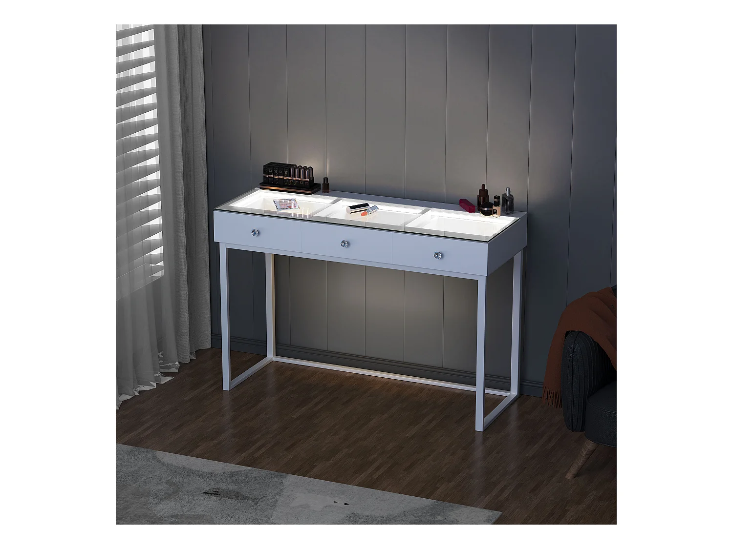 Coiffeuse Verre LED Intégrée, 3 Tiroirs - 120 x 55 cm