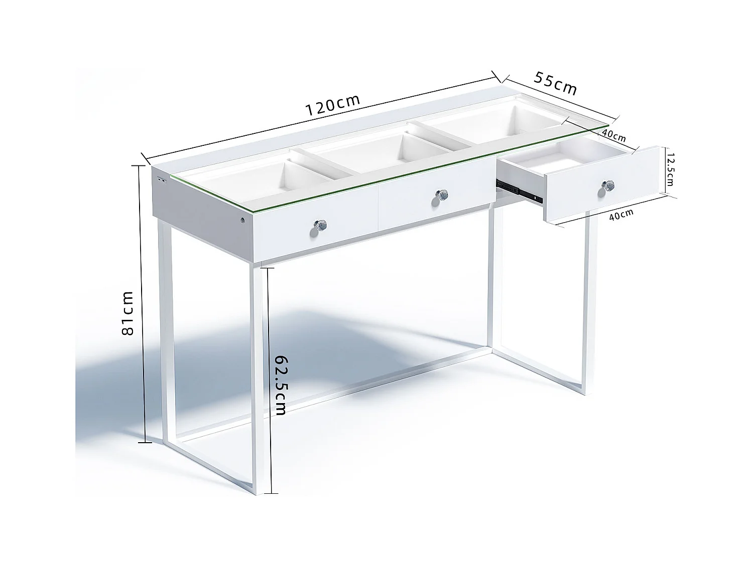 Coiffeuse Verre LED Intégrée, 3 Tiroirs - 120 x 55 cm