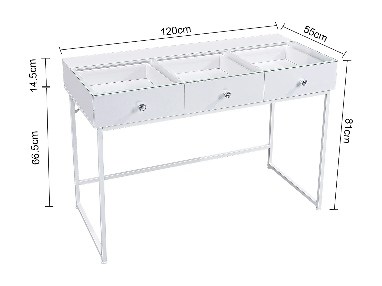 Coiffeuse Verre LED Intégrée, 3 Tiroirs - 115 x 55 cm