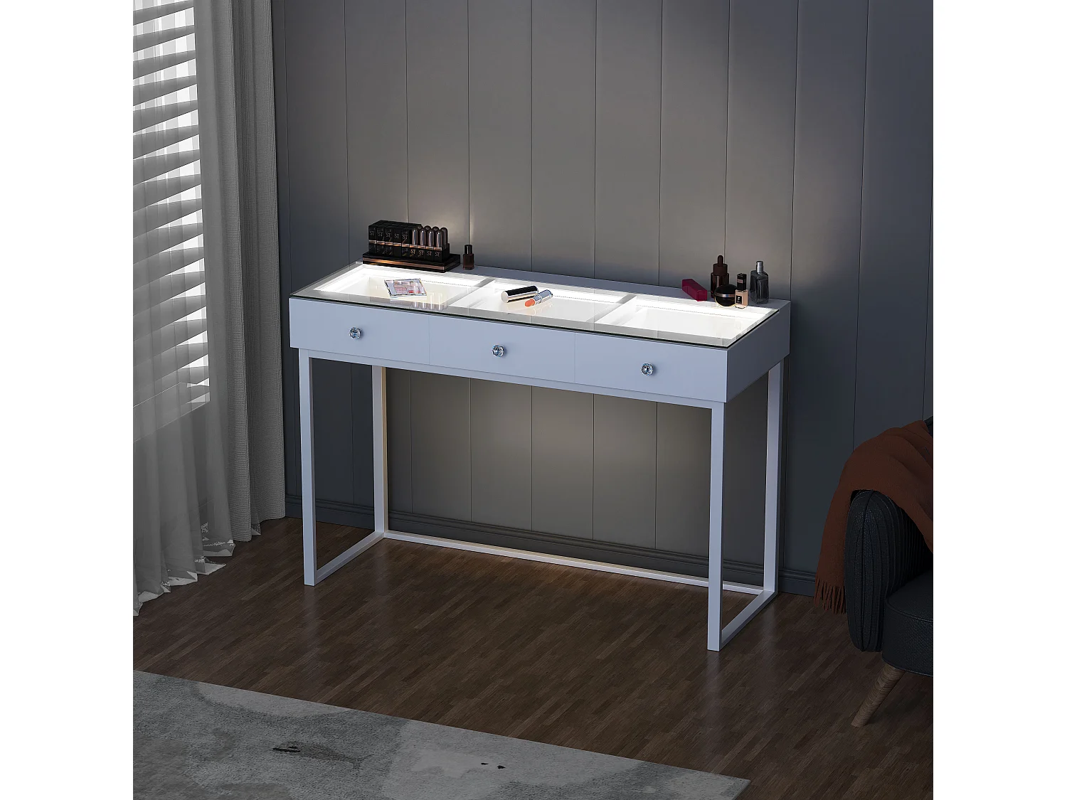 Coiffeuse Verre LED Intégrée, 3 Tiroirs - 115 x 55 cm