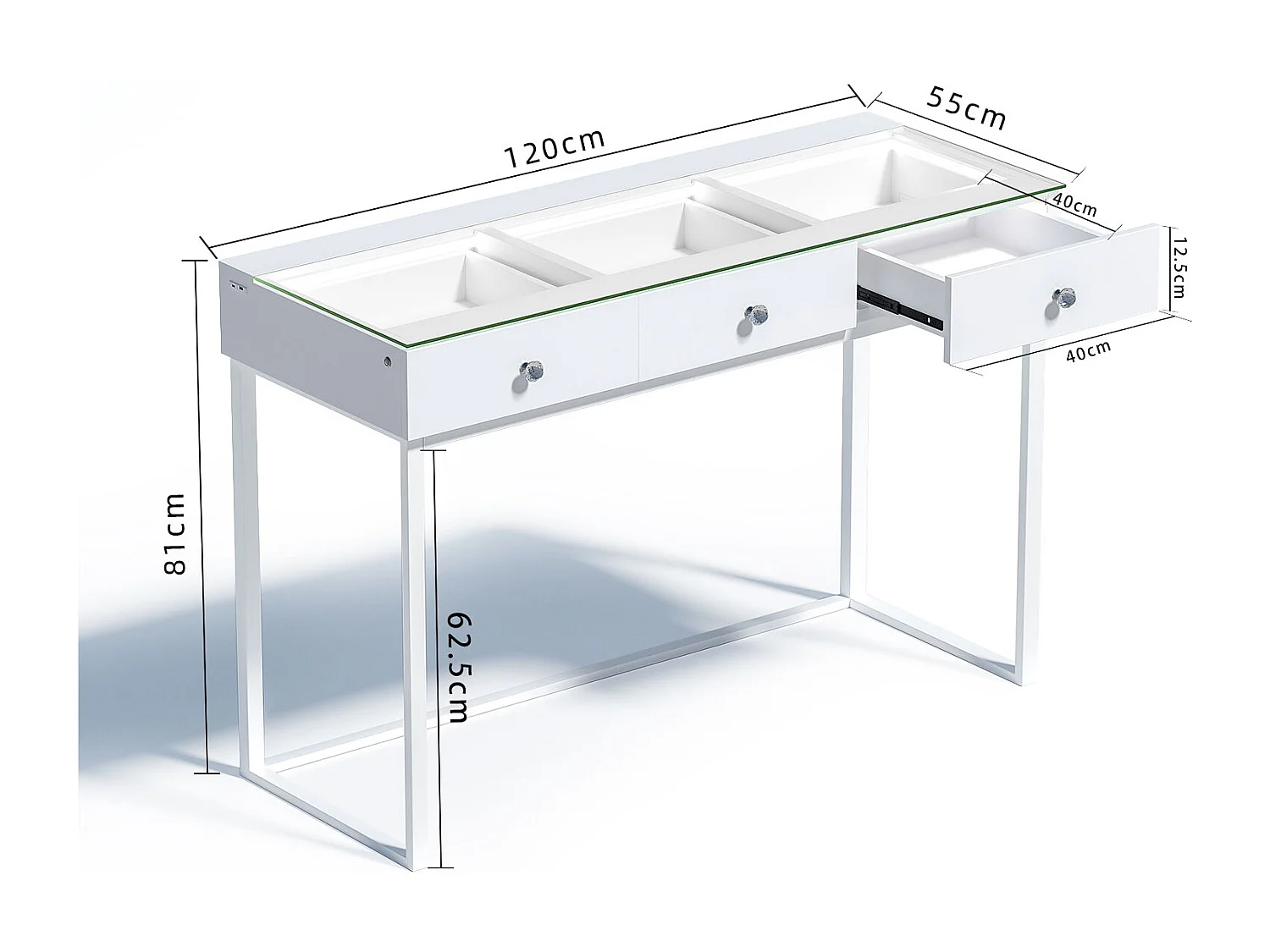 Coiffeuse Verre LED Intégrée, 3 Tiroirs - 115 x 55 cm