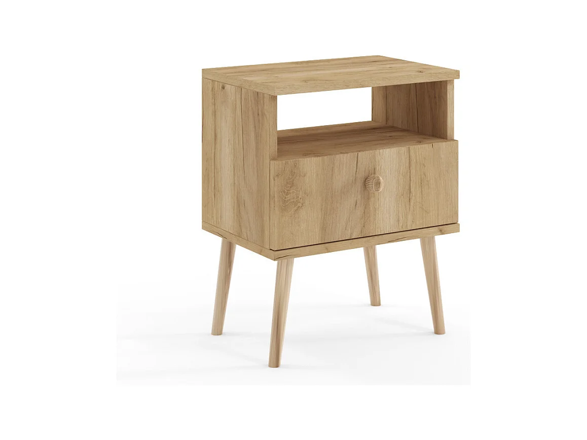 Mesilla de Noche Nórdica – Color Roble artesanal con Patas de Madera – 1 Cajón y Estante Abierto 44x55,5x31 cm