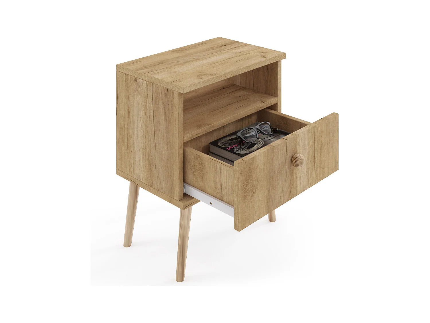 Mesilla de Noche Nórdica – Color Roble artesanal con Patas de Madera – 1 Cajón y Estante Abierto 44x55,5x31 cm