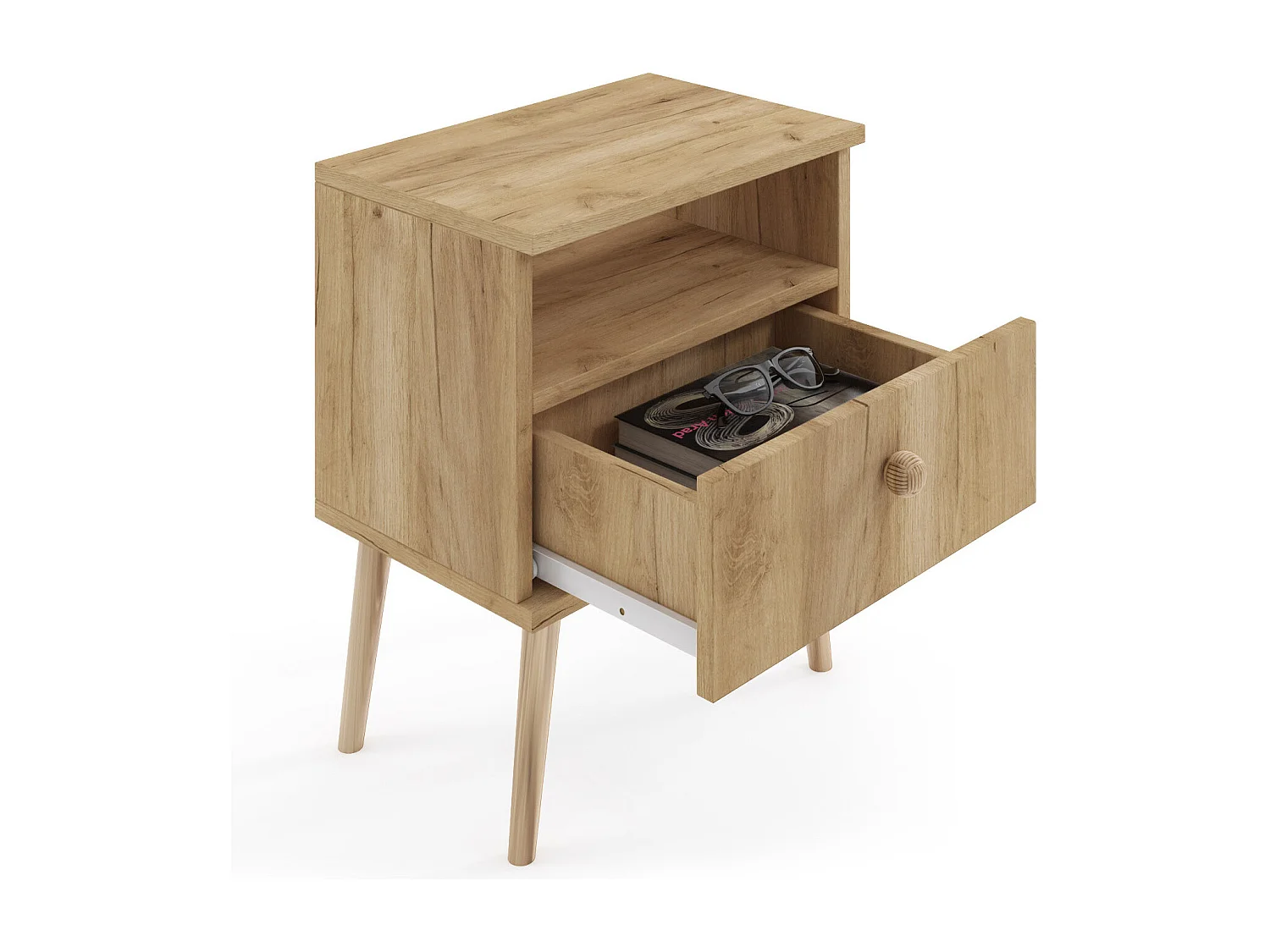 Mesilla de Noche Nórdica – Color Roble artesanal con Patas de Madera – 1 Cajón y Estante Abierto 44x55,5x31 cm
