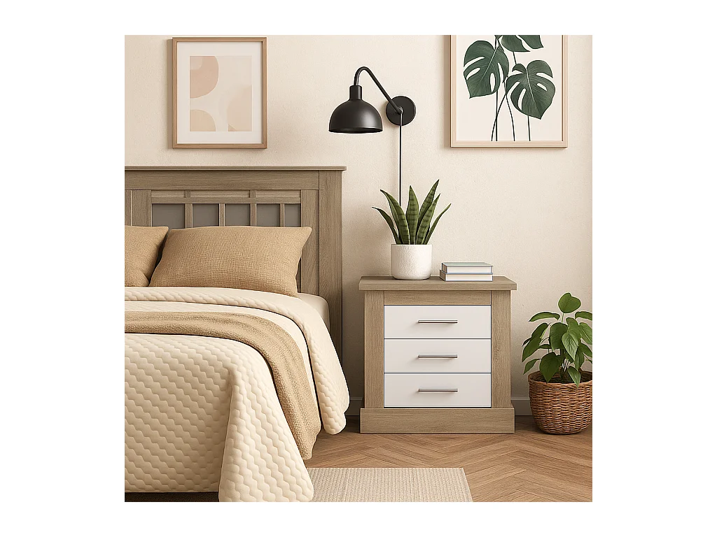 Mesita de Noche 3 Cajones, Mesilla de Dormitorio, Color Cambrian y Blanco , Medidas: 66 cm (anc) x 39,6 cm (Fo) x 63,8 cm (Al)