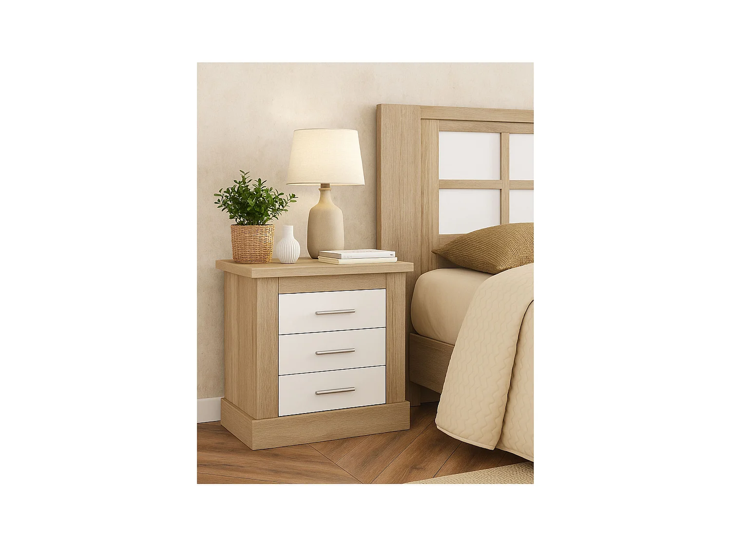 Mesita de Noche 3 Cajones, Mesilla de Dormitorio, Color Cambrian y Blanco , Medidas: 66 cm (anc) x 39,6 cm (Fo) x 63,8 cm (Al)