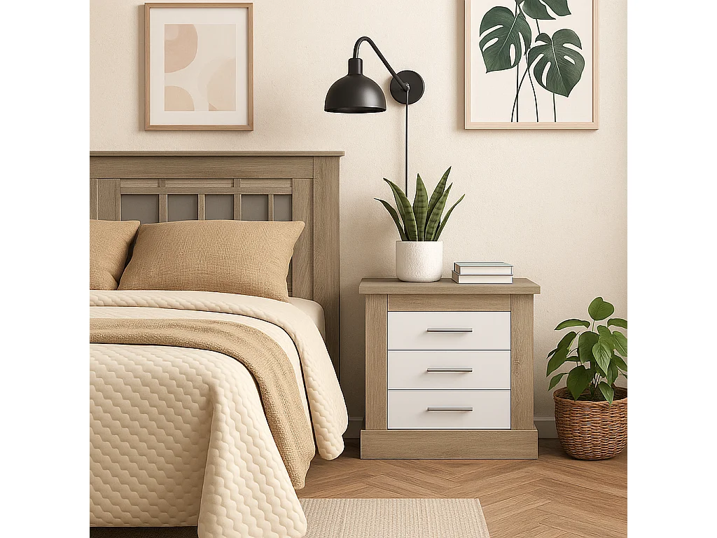 Mesita de Noche 3 Cajones, Mesilla de Dormitorio, Color Cambrian y Blanco , Medidas: 66 cm (anc) x 39,6 cm (Fo) x 63,8 cm (Al)