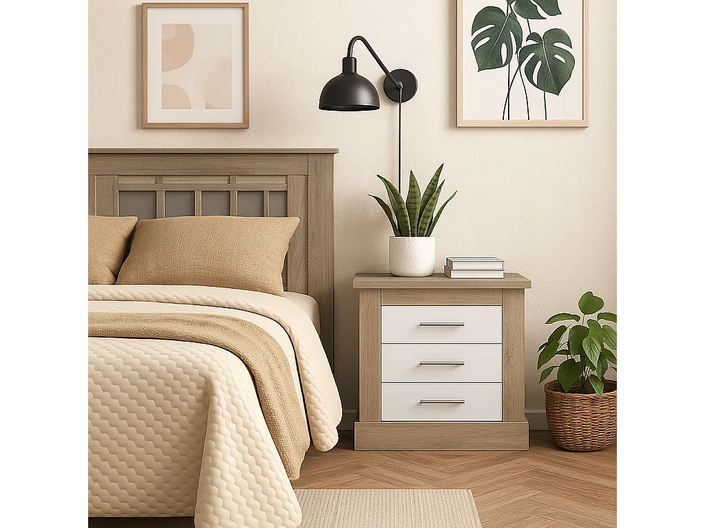 Mesita de Noche 3 Cajones, Mesilla de Dormitorio, Color Cambrian y Blanco , Medidas: 66 cm (anc) x 39,6 cm (Fo) x 63,8 cm (Al)