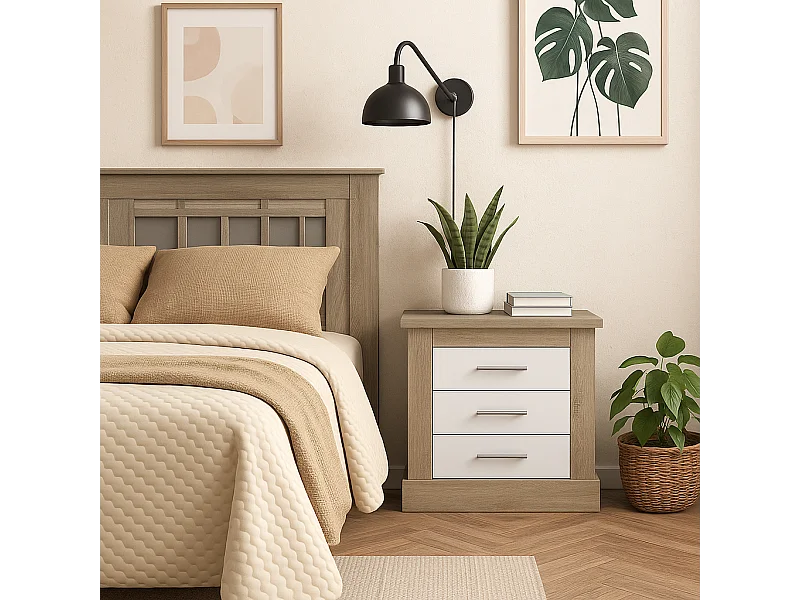 Mesita de Noche 3 Cajones, Mesilla de Dormitorio, Color Cambrian y Blanco , Medidas: 66 cm (anc) x 39,6 cm (Fo) x 63,8 cm (Al)