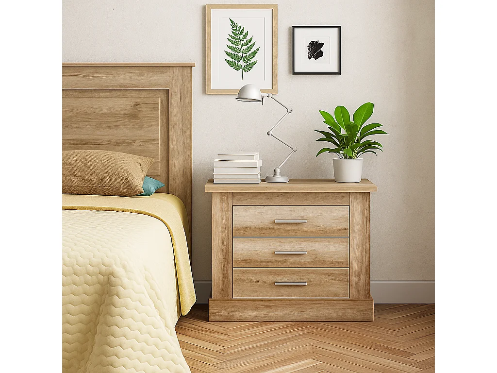 Mesita de Noche 3 Cajones, Mesilla de Dormitorio, Color Cañón , Medidas: 66 cm (anc) x 39,6 cm (Fo) x 63,8 cm (Al)