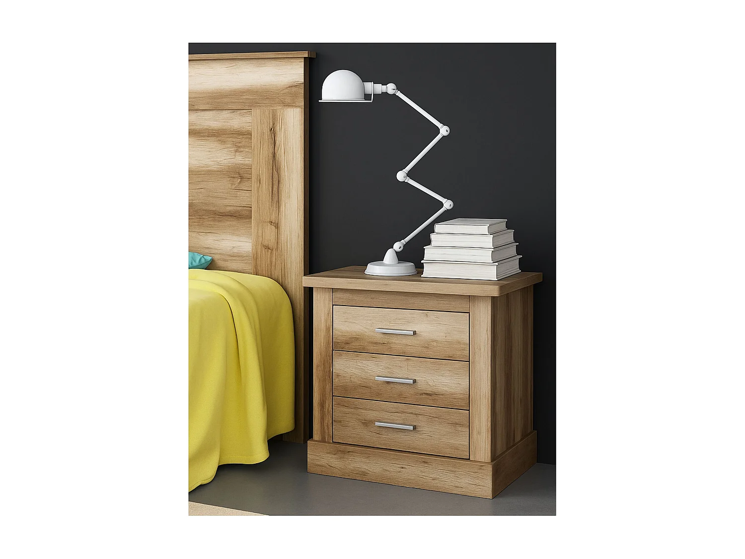 Mesita de Noche 3 Cajones, Mesilla de Dormitorio, Color Cañón , Medidas: 66 cm (anc) x 39,6 cm (Fo) x 63,8 cm (Al)