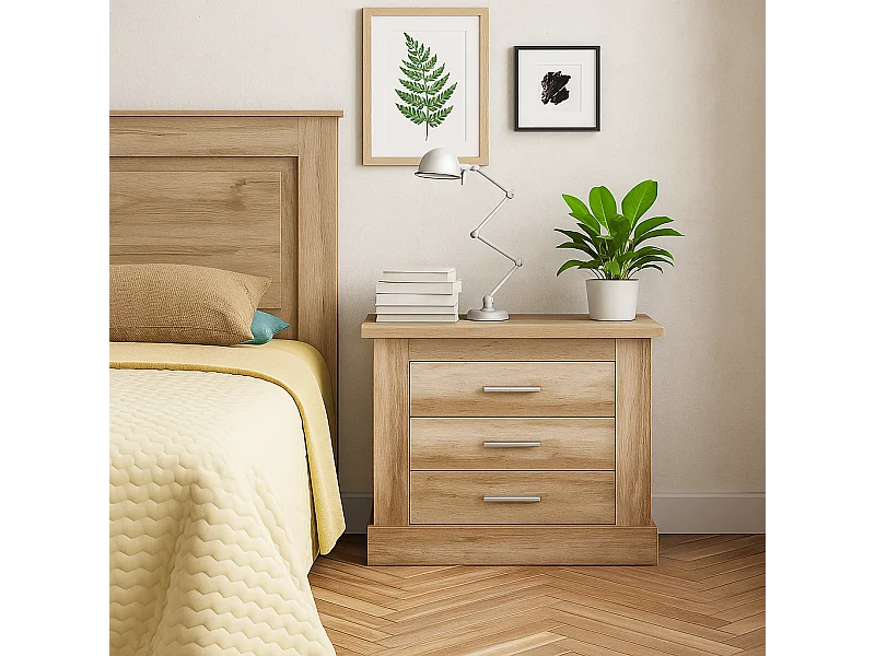 Mesita de Noche 3 Cajones, Mesilla de Dormitorio, Color Cañón , Medidas: 66 cm (anc) x 39,6 cm (Fo) x 63,8 cm (Al)