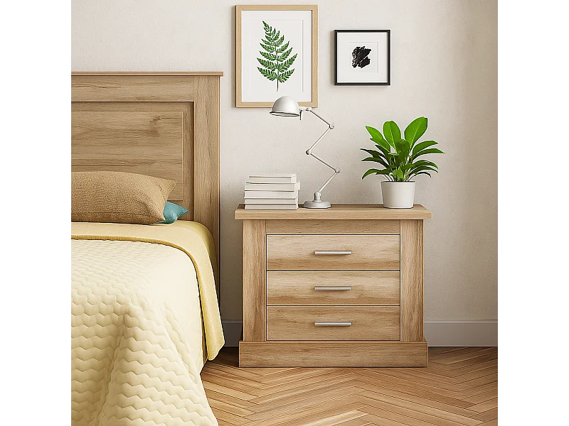 Mesita de Noche 3 Cajones, Mesilla de Dormitorio, Color Cañón , Medidas: 66 cm (anc) x 39,6 cm (Fo) x 63,8 cm (Al)