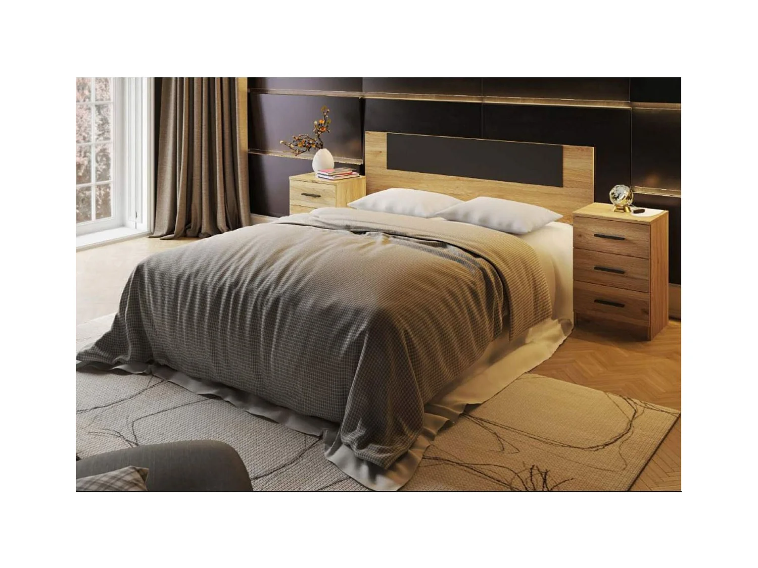 Meyvaser Conjunto Pack Cabecero y 2 Mesitas de Noche,Mesilla de noche 3 Cajones Color Mauvella, Medidas:160x45x1,6 cm (LargoxAltoxProfundo)