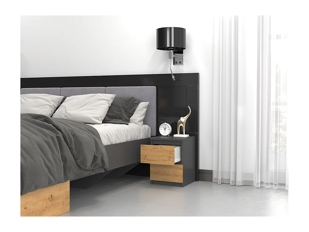 Mesita de Noche 2 Cajones Color Roble/Antracita – 40x30x30 cm – Cajones con Guías Suaves – Diseño Elegante y Seguro