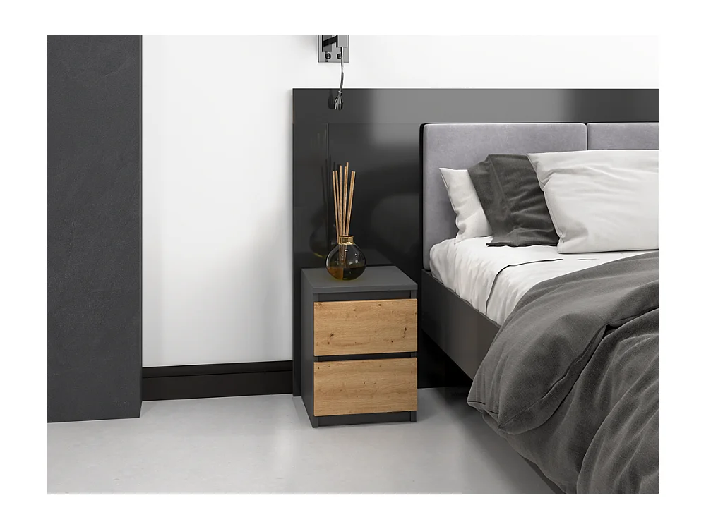 Mesita de Noche 2 Cajones Color Roble/Antracita – 40x30x30 cm – Cajones con Guías Suaves – Diseño Elegante y Seguro