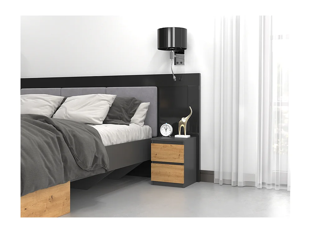 Mesita de Noche 2 Cajones Color Roble/Antracita – 40x30x30 cm – Cajones con Guías Suaves – Diseño Elegante y Seguro