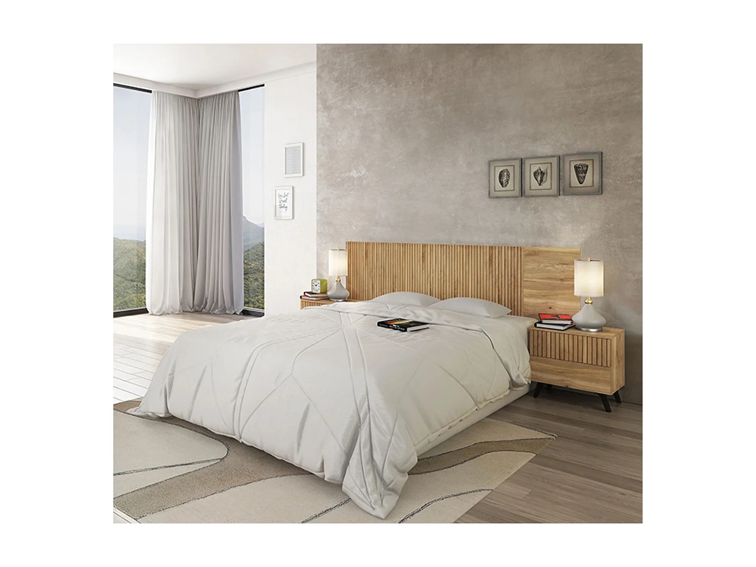 Cabezal + Dos Mesitas de Noche, Cabecero y Mesitas, Acabado en Mauvella - Rayas, Medidas: 210 cm (An) x 55 cm (Al) x 35 cm (Fon) – Meyvaser.