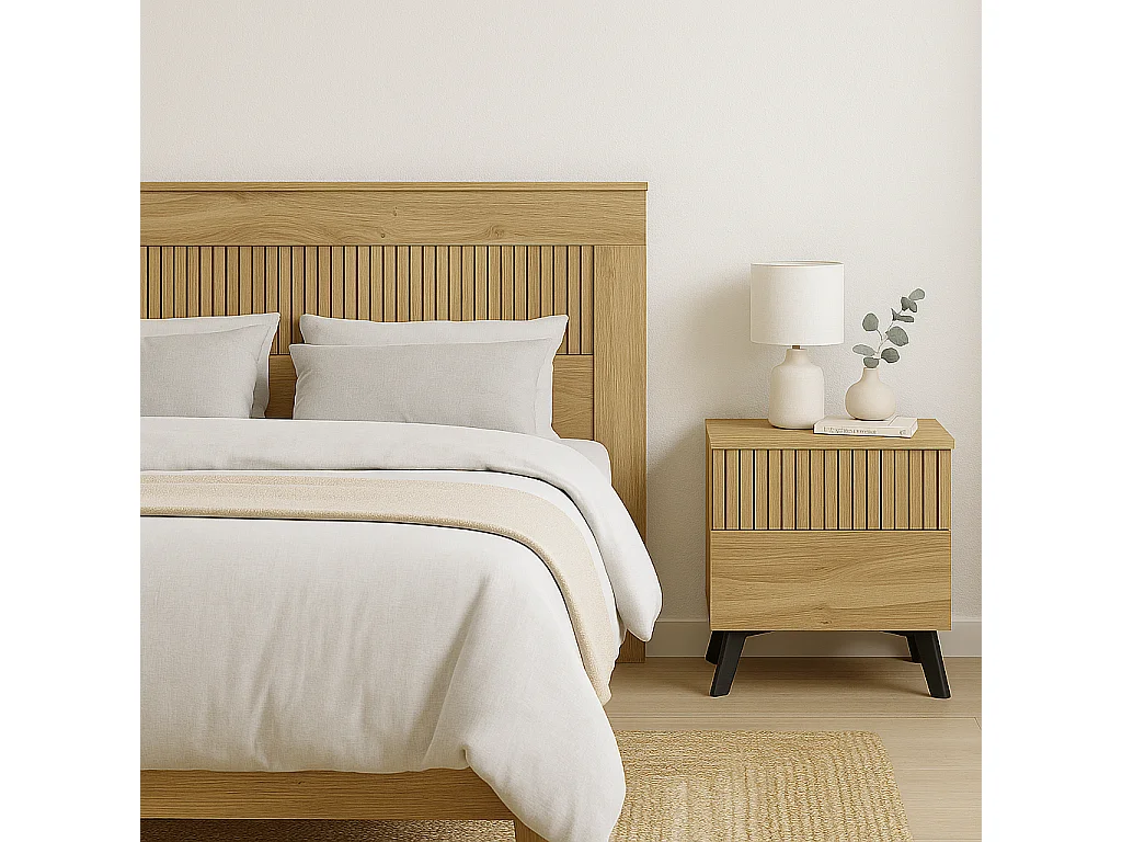 Cabezal + Dos Mesitas de Noche, Cabecero y Mesitas, Acabado en Mauvella - Rayas, Medidas: 210 cm (An) x 55 cm (Al) x 35 cm (Fon) – Meyvaser.