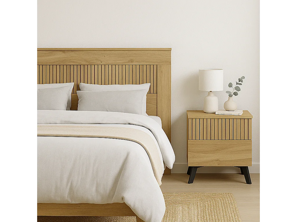 Cabezal + Dos Mesitas de Noche, Cabecero y Mesitas, Acabado en Mauvella - Rayas, Medidas: 210 cm (An) x 55 cm (Al) x 35 cm (Fon) – Meyvaser.