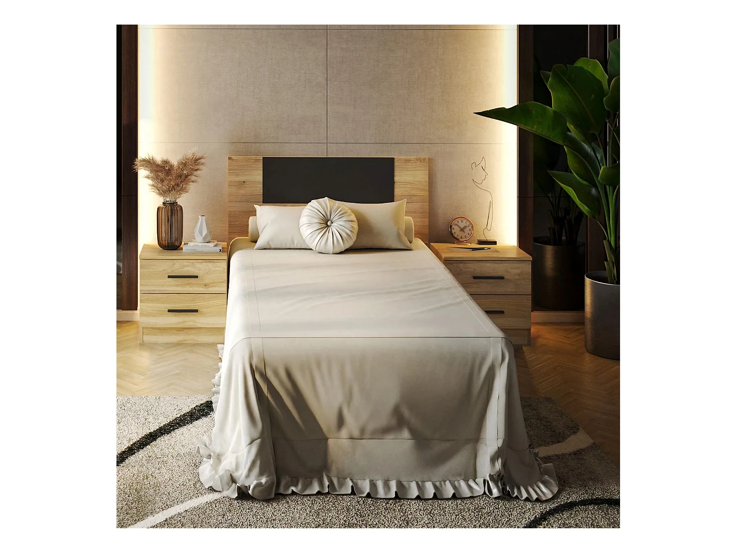 Meyvaser Conjunto Pack Cabecero y 2 Mesitas de Noche,Mesilla de noche 2 Cajones Color Mauvella, Medidas:110x45x1,6 cm (LargoxAltoxProfundo)