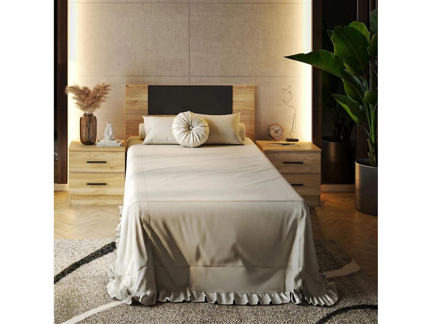 Meyvaser Conjunto Pack Cabecero y 2 Mesitas de Noche,Mesilla de noche 2 Cajones Color Mauvella, Medidas:110x45x1,6 cm (LargoxAltoxProfundo)