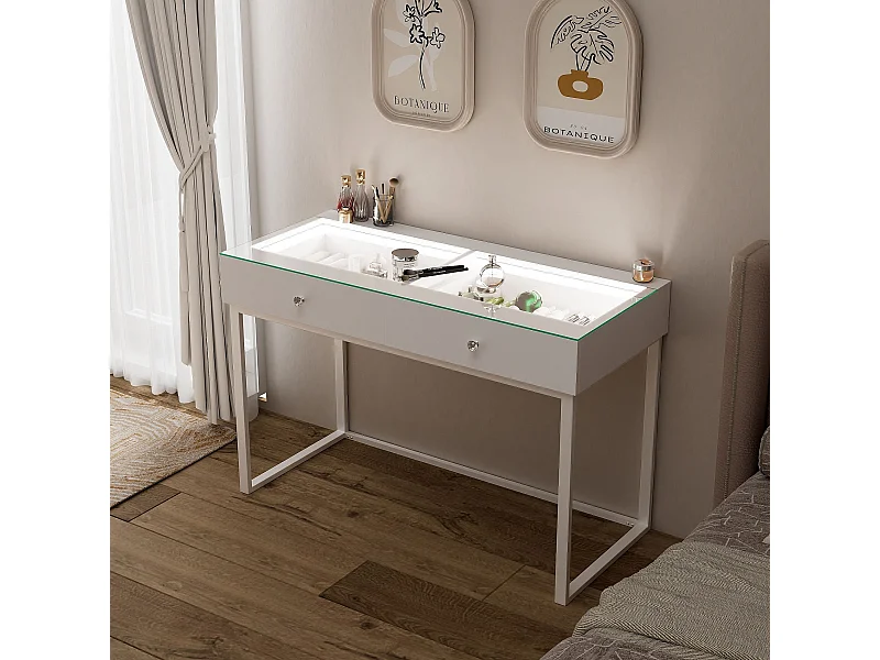 Coiffeuse Verre LED Intégrée, 2 Tiroirs - 100 x 55 cm