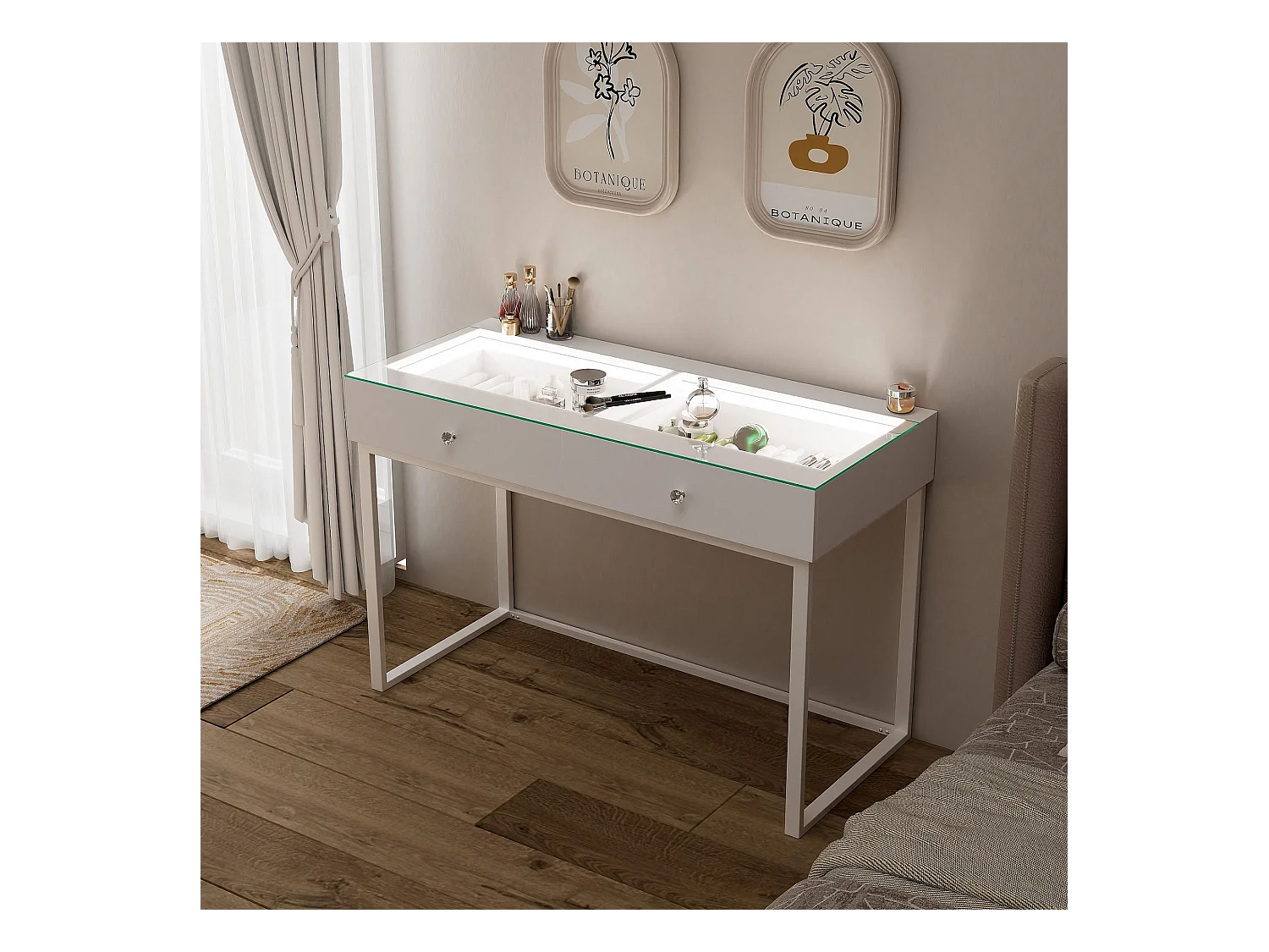 Coiffeuse Verre LED Intégrée, 2 Tiroirs - 100 x 55 cm