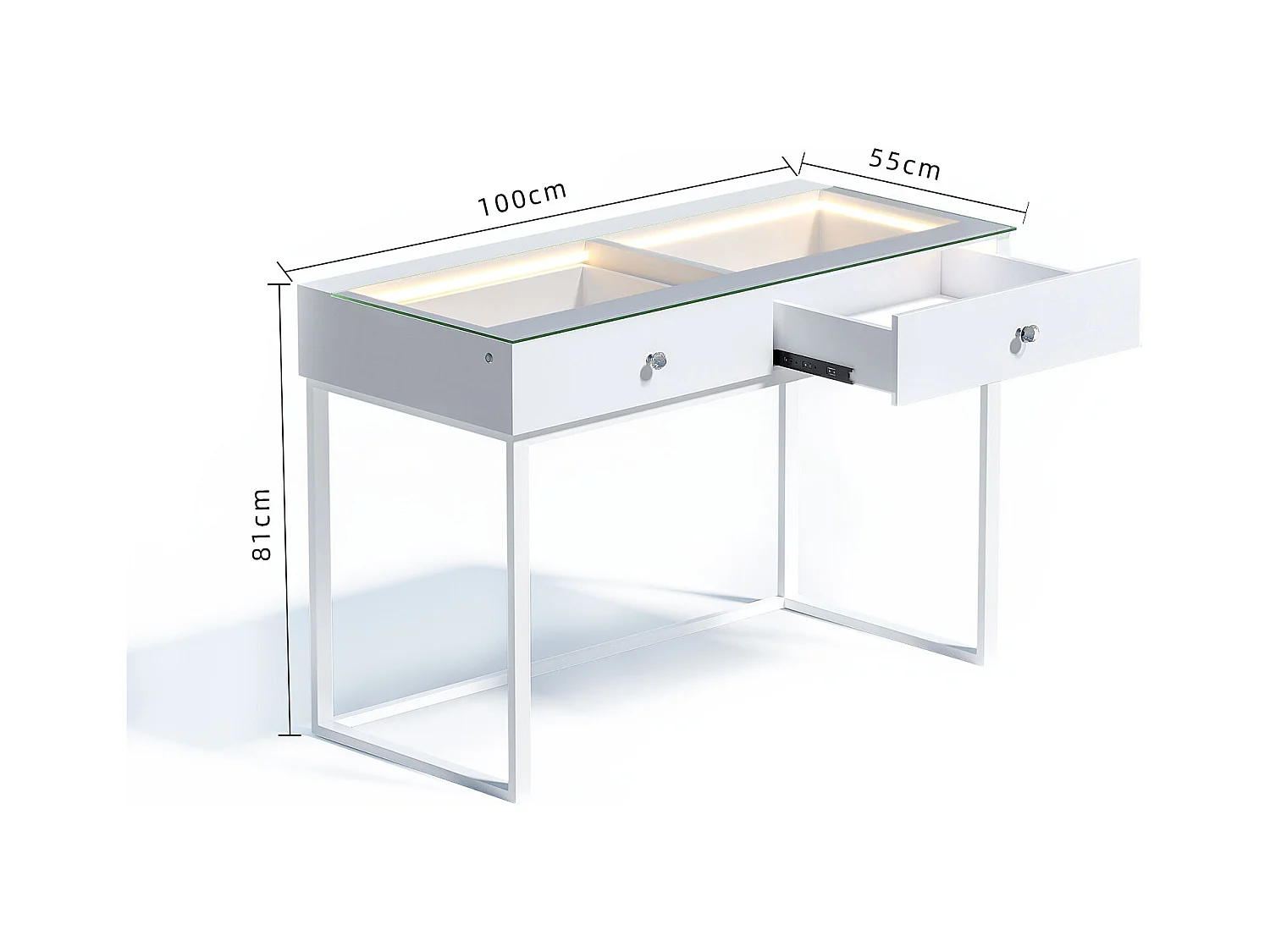 Coiffeuse Verre LED Intégrée, 2 Tiroirs - 100 x 55 cm