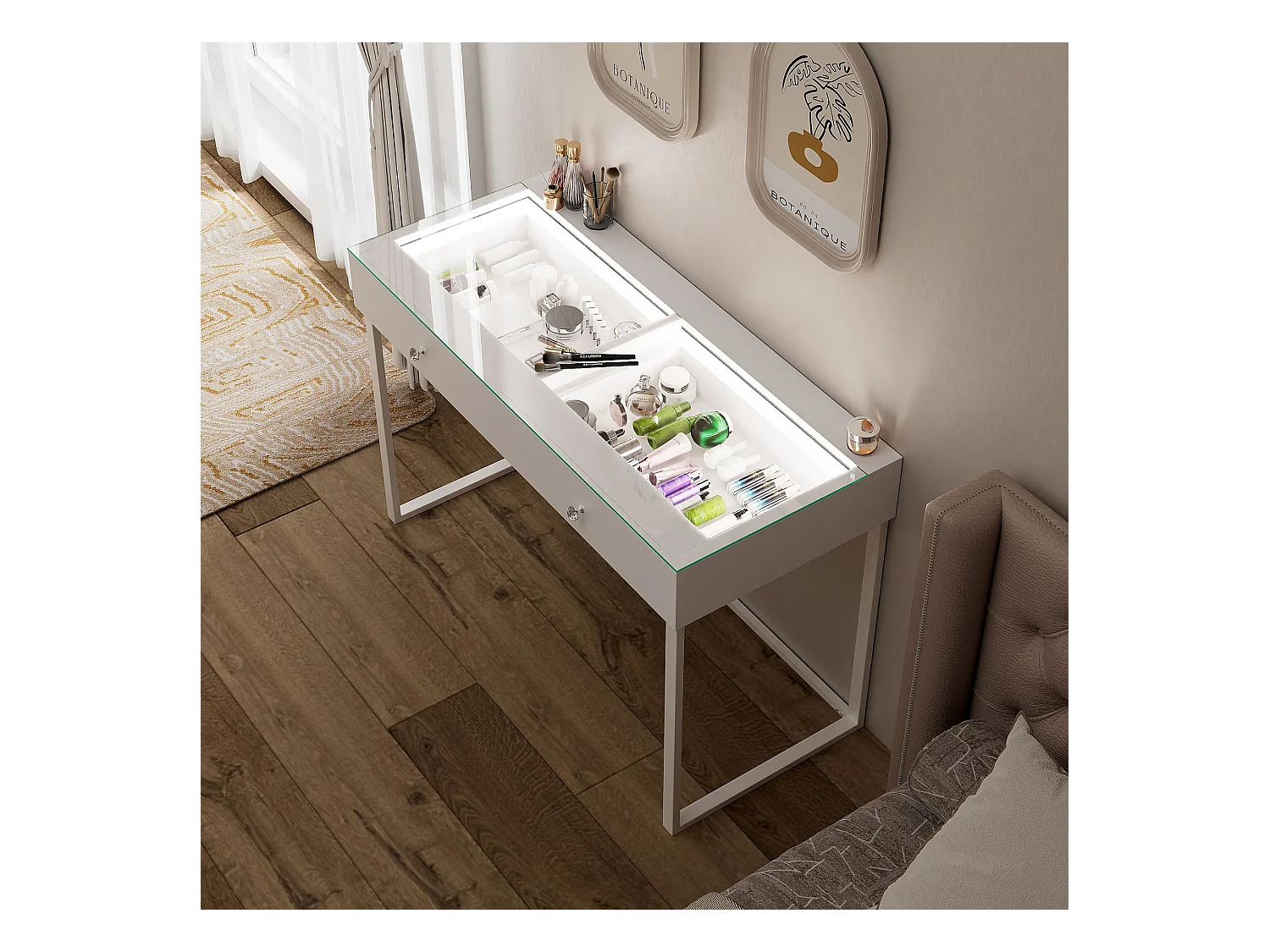 Coiffeuse Verre LED Intégrée, 2 Tiroirs - 100 x 55 cm