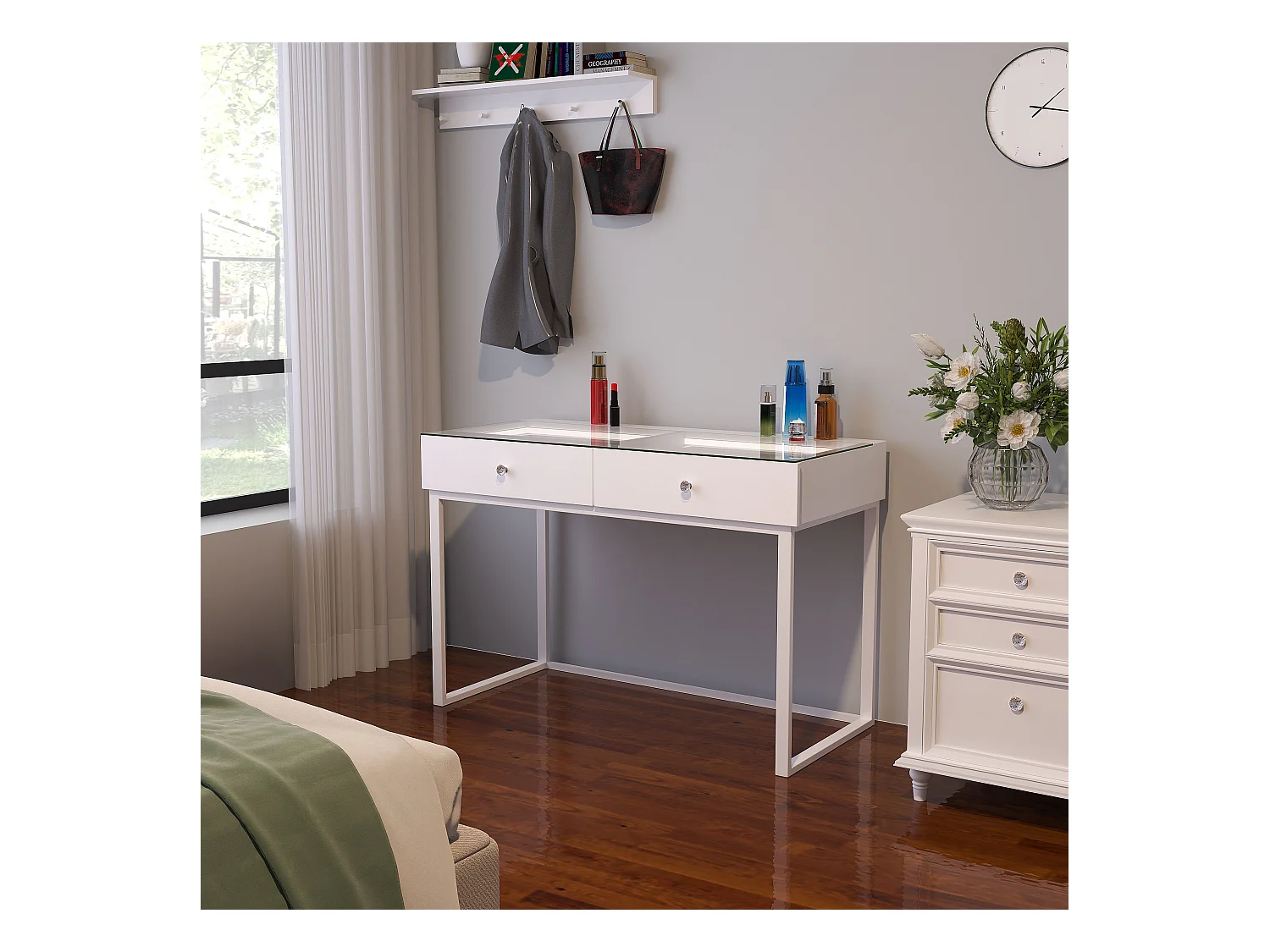 Coiffeuse Verre LED Intégrée, 2 Tiroirs - 100 x 55 cm