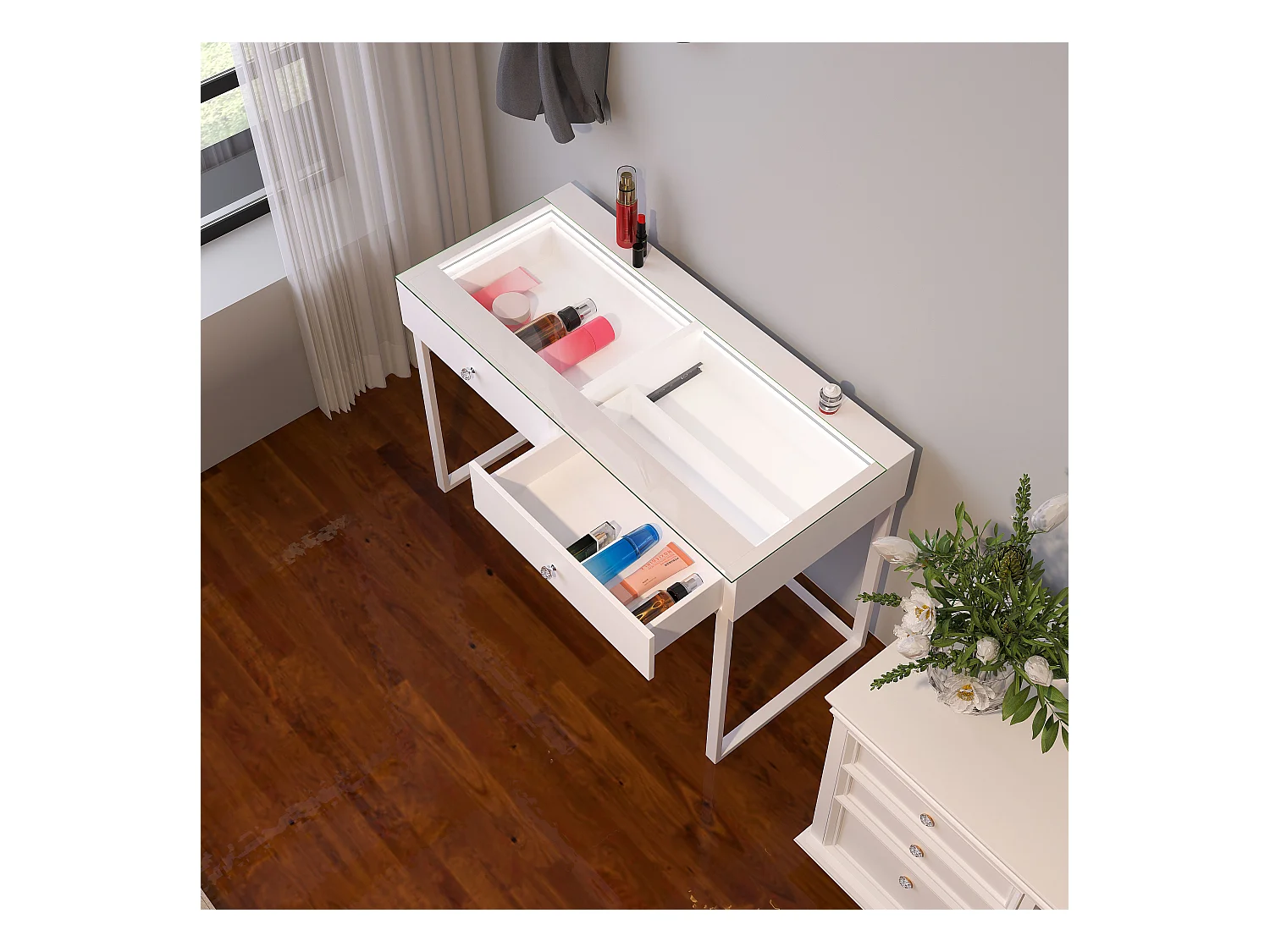 Coiffeuse Verre LED Intégrée, 2 Tiroirs - 100 x 55 cm