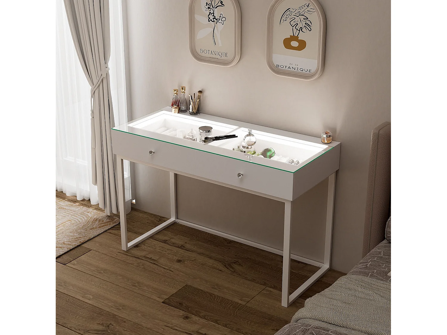 Coiffeuse Verre LED Intégrée, 2 Tiroirs - 100 x 55 cm