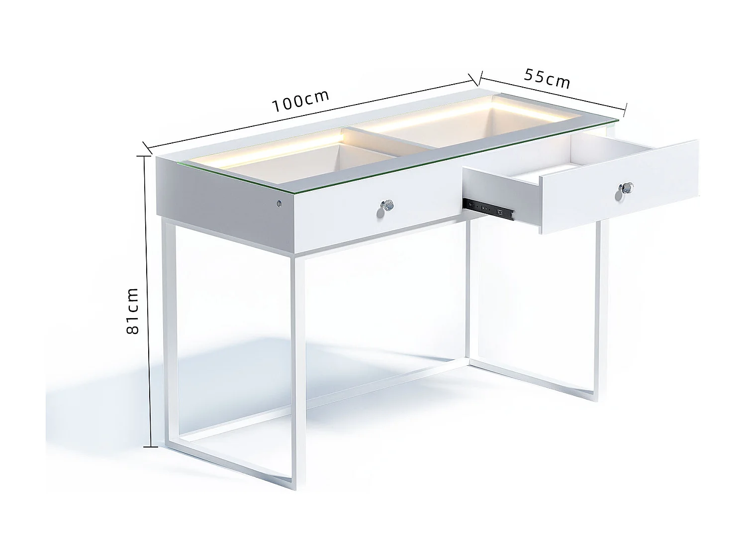 Coiffeuse Verre LED Intégrée, 2 Tiroirs - 100 x 55 cm