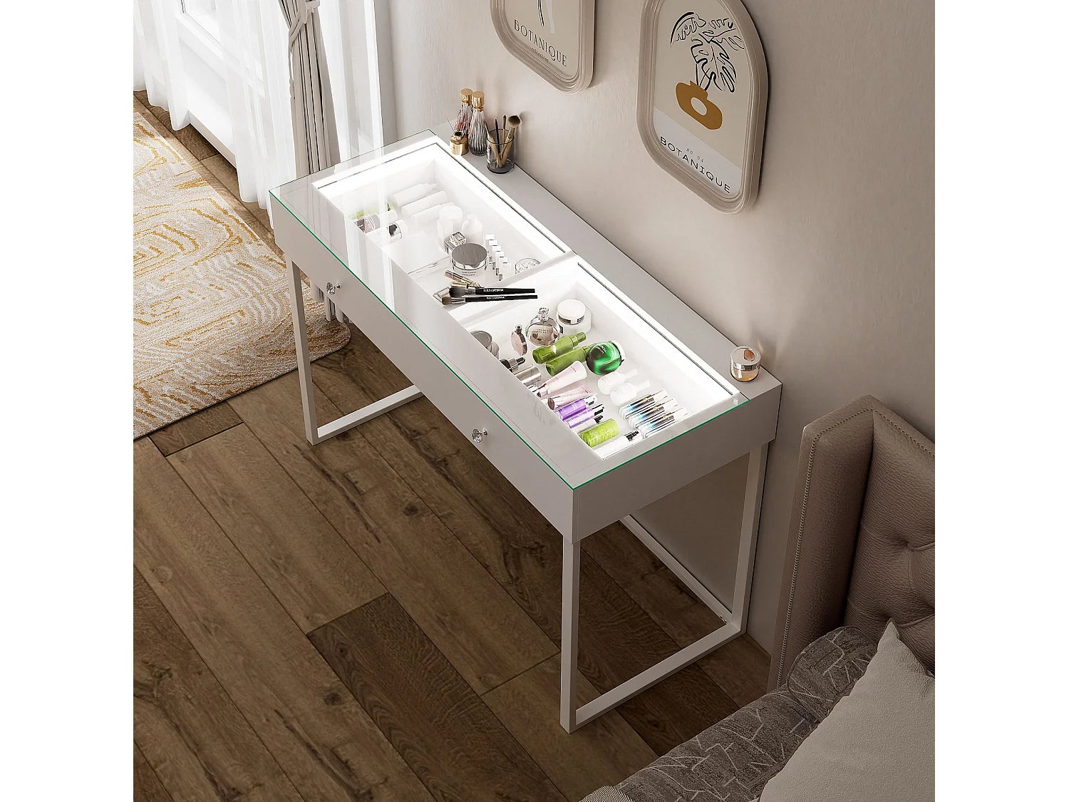 Coiffeuse Verre LED Intégrée, 2 Tiroirs - 100 x 55 cm