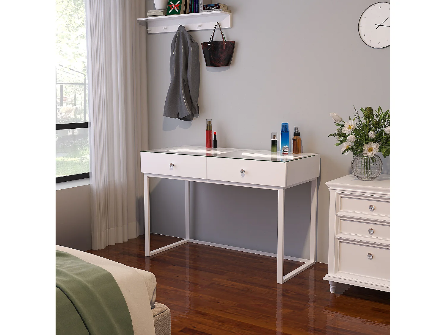 Coiffeuse Verre LED Intégrée, 2 Tiroirs - 100 x 55 cm