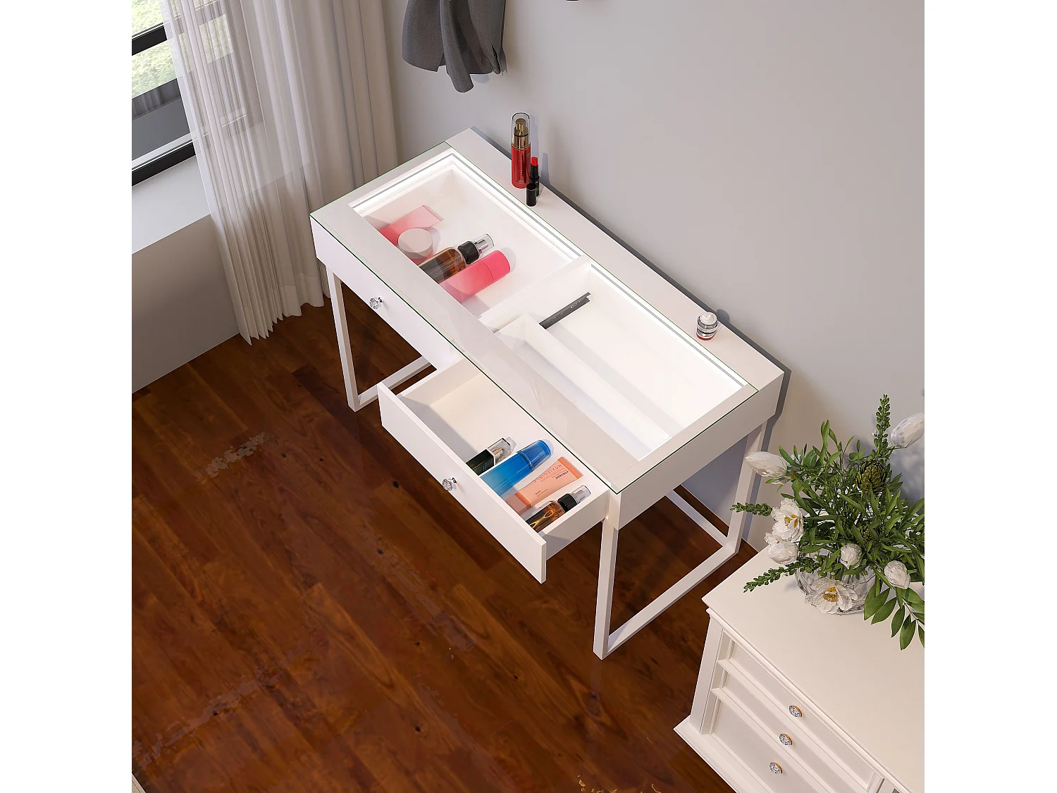 Coiffeuse Verre LED Intégrée, 2 Tiroirs - 100 x 55 cm