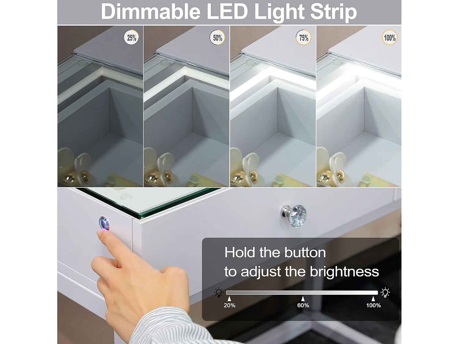 Coiffeuse Verre LED Intégrée, 2 Tiroirs - 100 x 55 cm