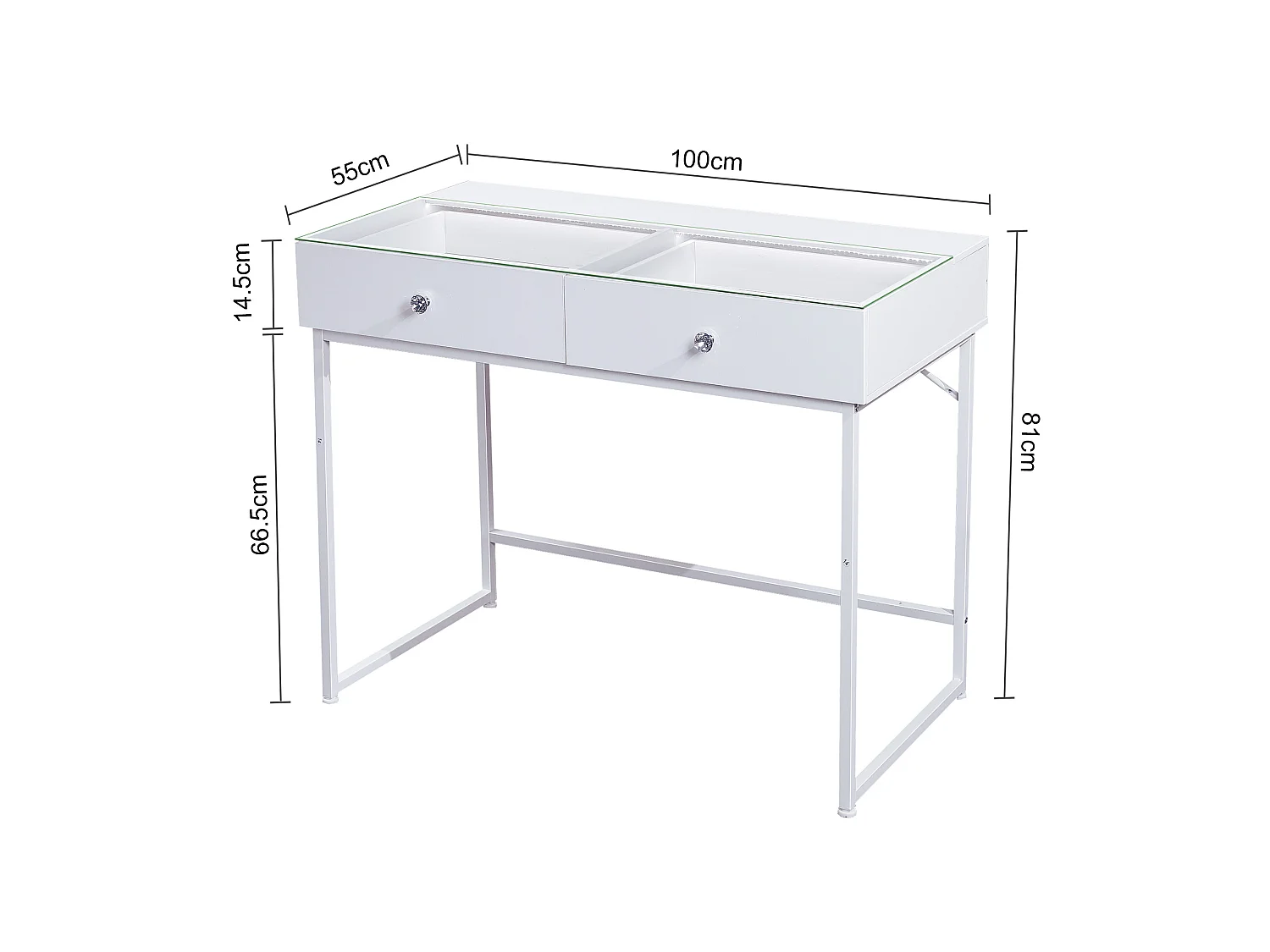 Coiffeuse Verre LED Intégrée, 2 Tiroirs - 100 x 55 cm