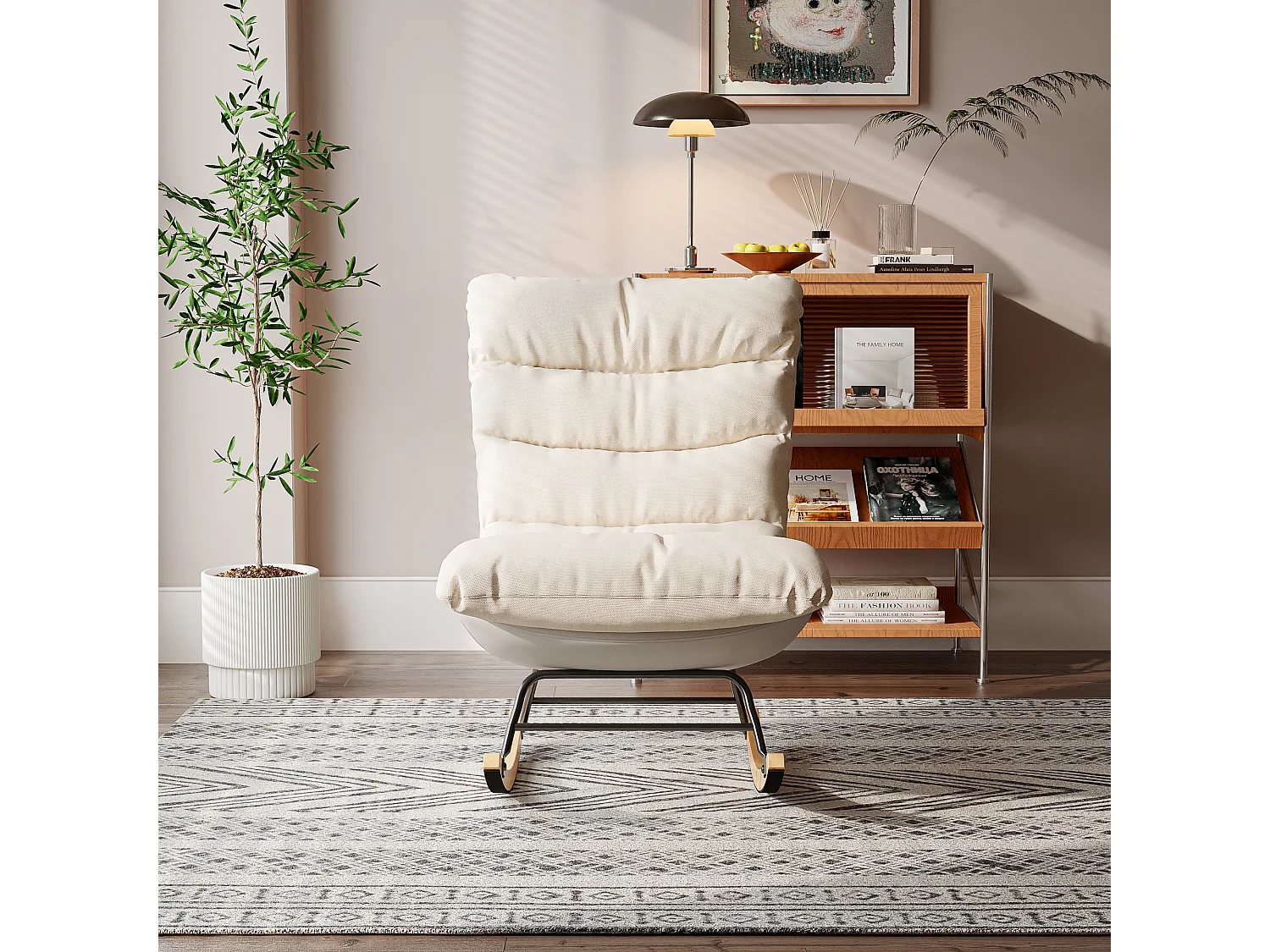 Fauteuil à Bascule - Pieds en Bois - lin et tissu technique - pour Salon,Chambre - beige