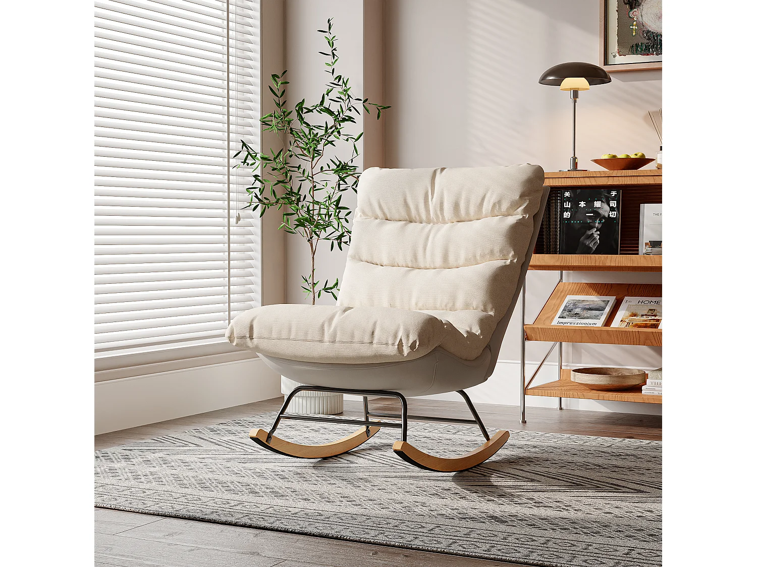 Fauteuil à Bascule - Pieds en Bois - lin et tissu technique - pour Salon,Chambre - beige