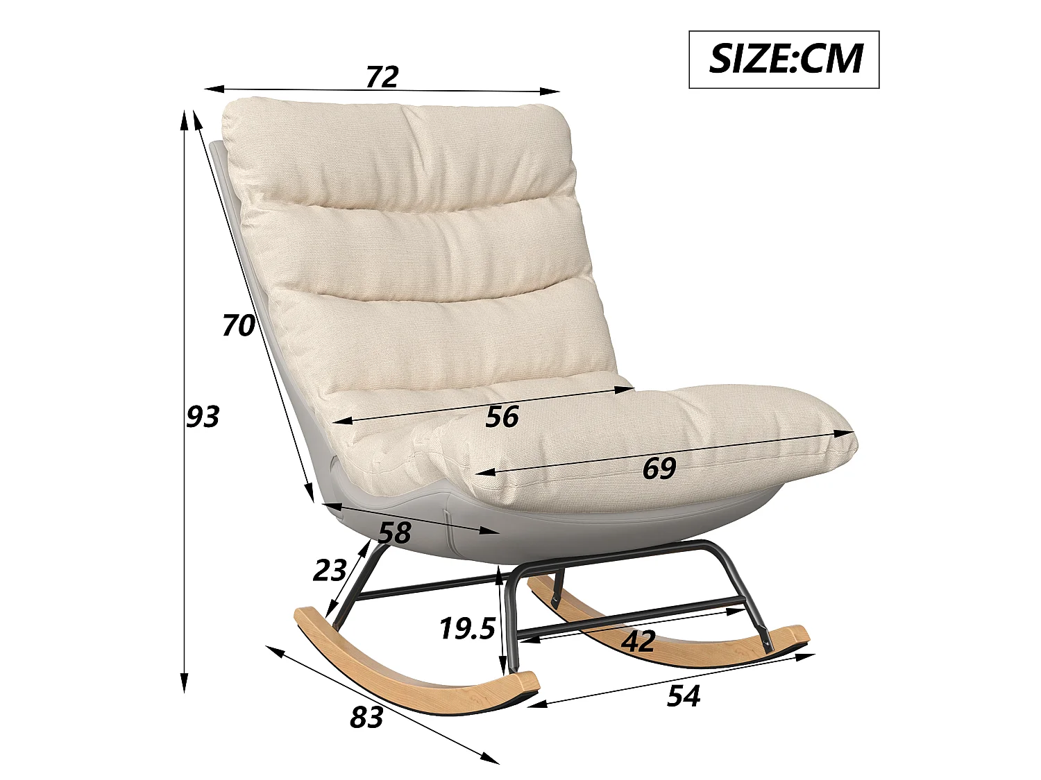 Fauteuil à Bascule - Pieds en Bois - lin et tissu technique - pour Salon,Chambre - beige