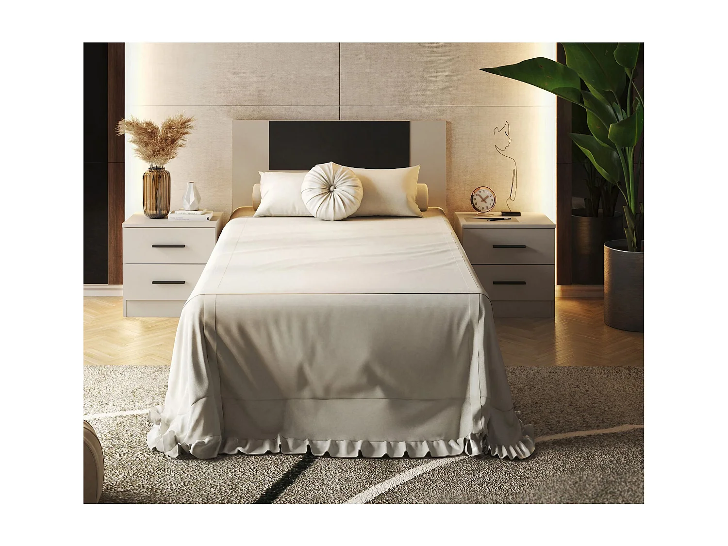 Meyvaser Conjunto Pack Cabecero y 2 Mesitas de Noche,Mesilla de noche 2 Cajones Color Beige, Medidas:110x45x1,6 cm (LargoxAltoxProfundo)