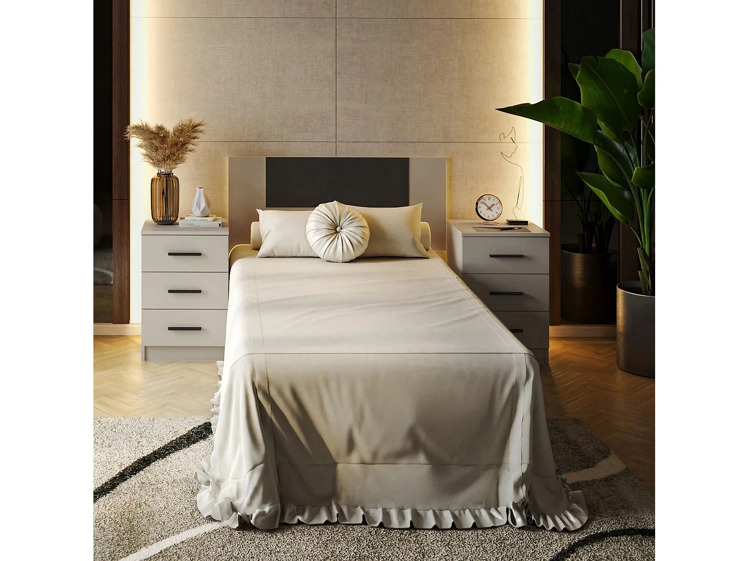 Meyvaser Conjunto Pack Cabecero y 2 Mesitas de Noche,Mesilla de noche 3 Cajones Color Beige, Medidas:110x45x1,6 cm (LargoxAltoxProfundo)