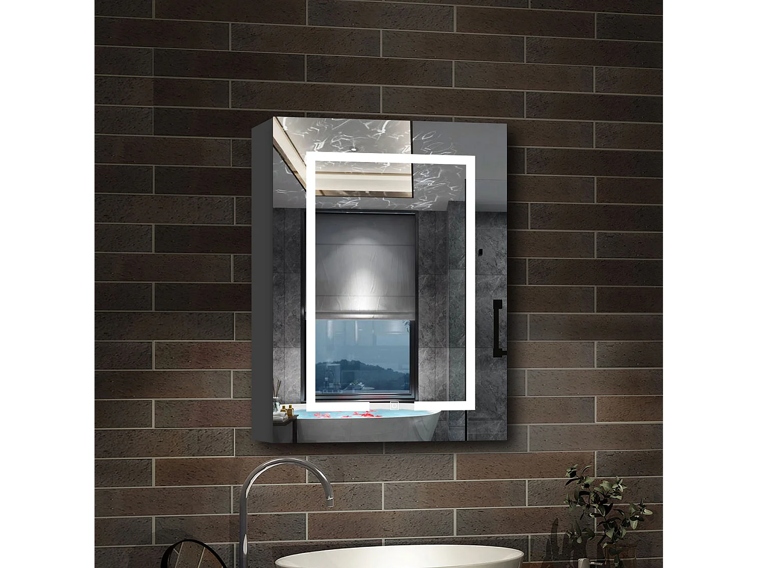 AICA Armoire murale de salle de bain LED, avec Prise Rasoir, 70x60cm, Anti-Buée + Tricolore LED, Anthracite