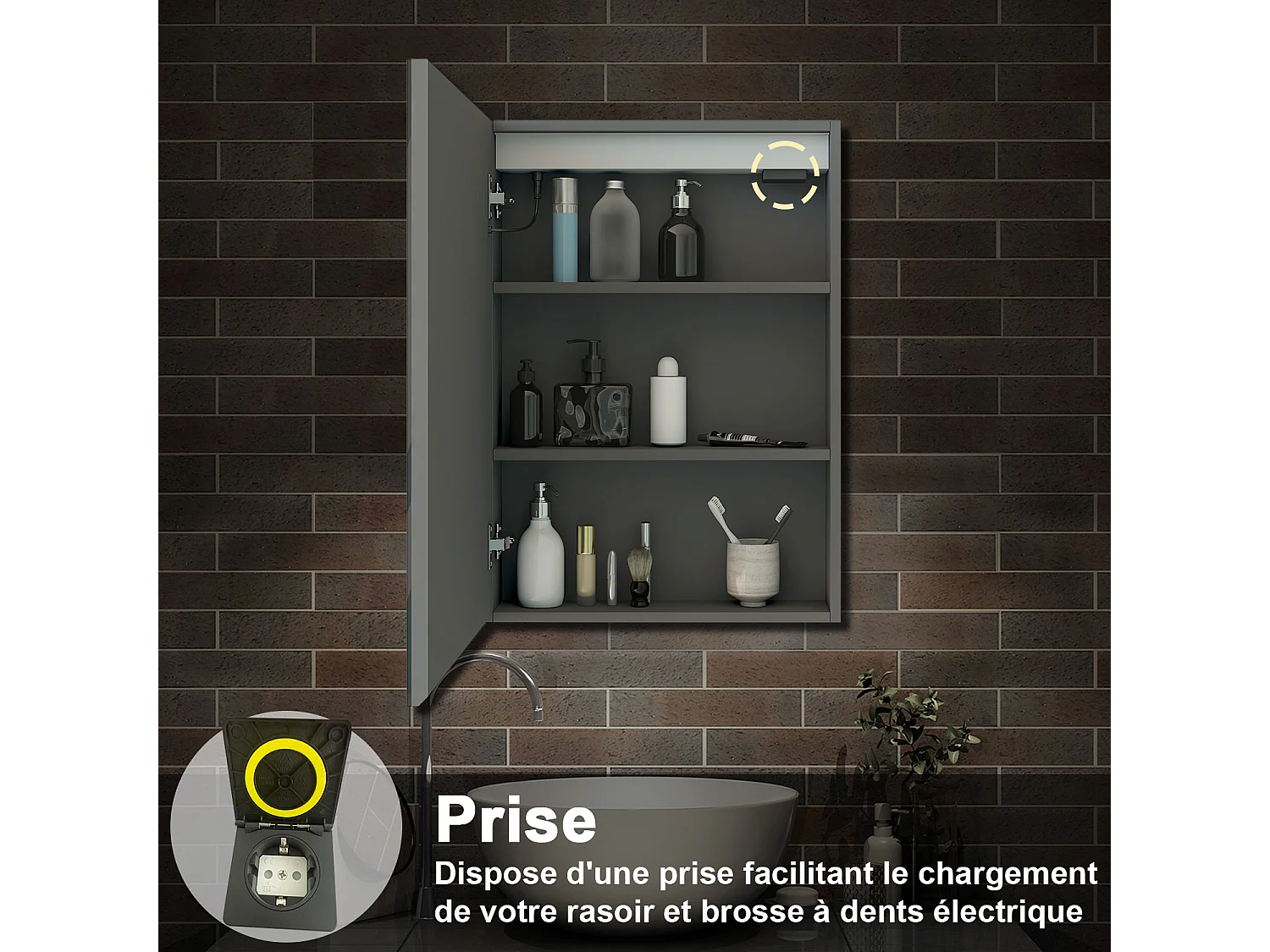 AICA Armoire murale de salle de bain LED, avec Prise Rasoir, 70x60cm, Anti-Buée + Tricolore LED, Anthracite