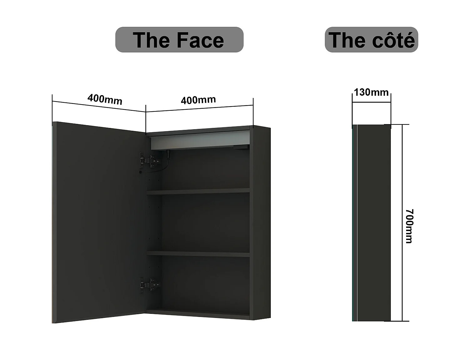 AICA Armoire murale de salle de bain LED, avec Prise Rasoir, 70x60cm, Anti-Buée + Tricolore LED, Anthracite