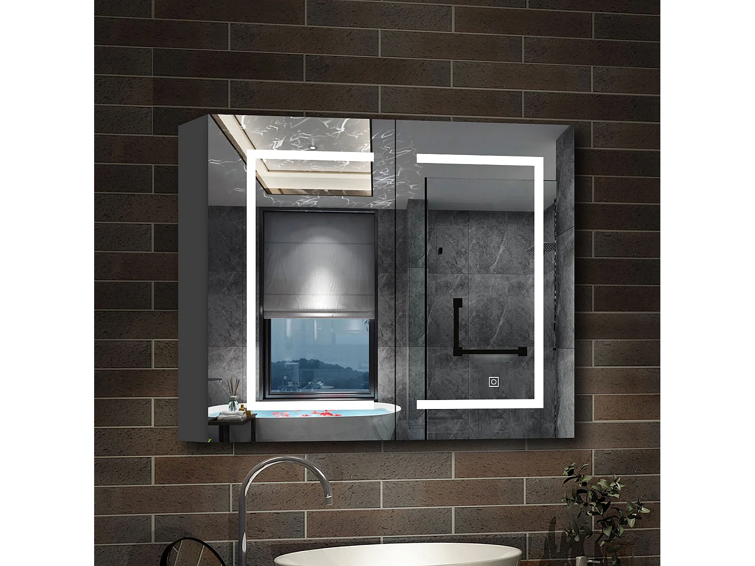 AICA Armoire murale de salle de bain LED, 80x70cm avec Prise Rasoir, Anti-Buée, Tricolore LED, 2 Étagères Réglables, Anthracite