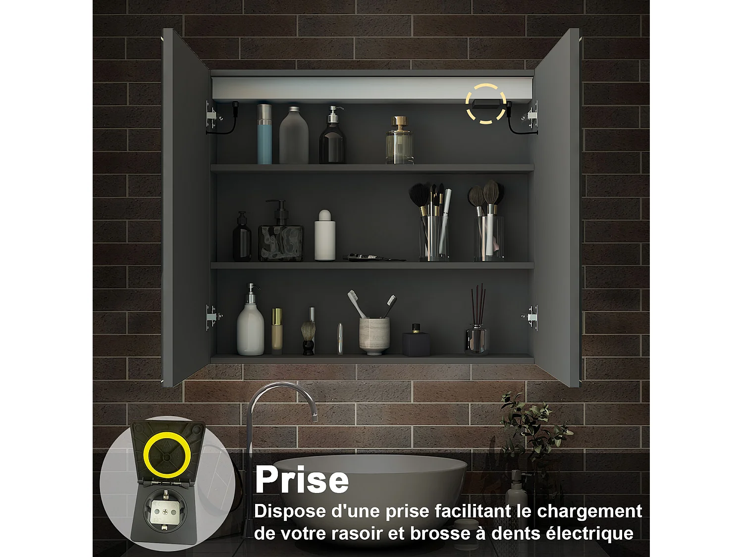 AICA Armoire murale de salle de bain LED, 80x70cm avec Prise Rasoir, Anti-Buée, Tricolore LED, 2 Étagères Réglables, Anthracite