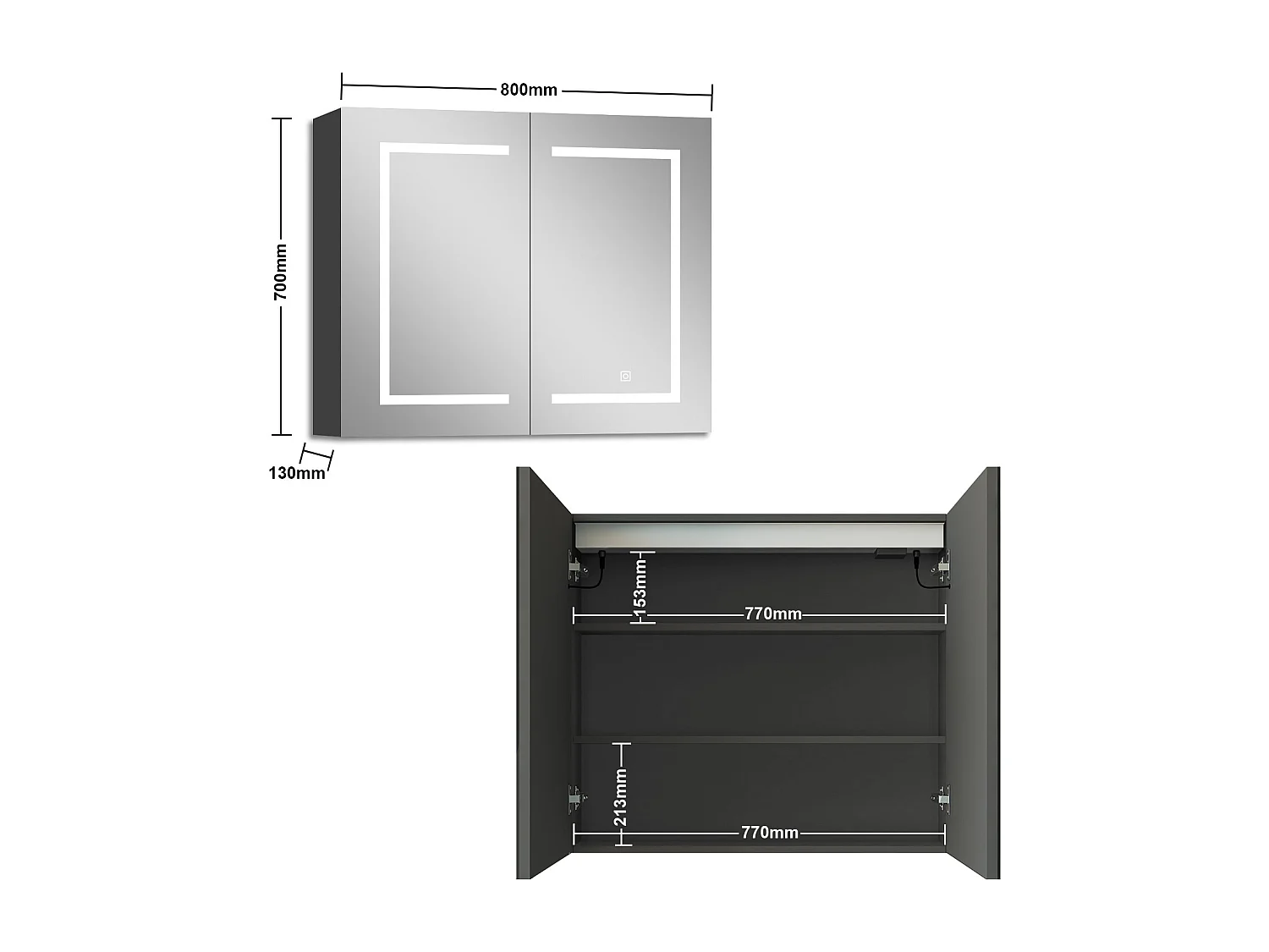 AICA Armoire murale de salle de bain LED, 80x70cm avec Prise Rasoir, Anti-Buée, Tricolore LED, 2 Étagères Réglables, Anthracite